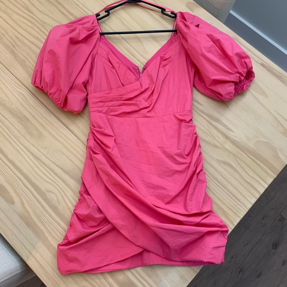 Pink Runched Puff Sleeve Mini Dress